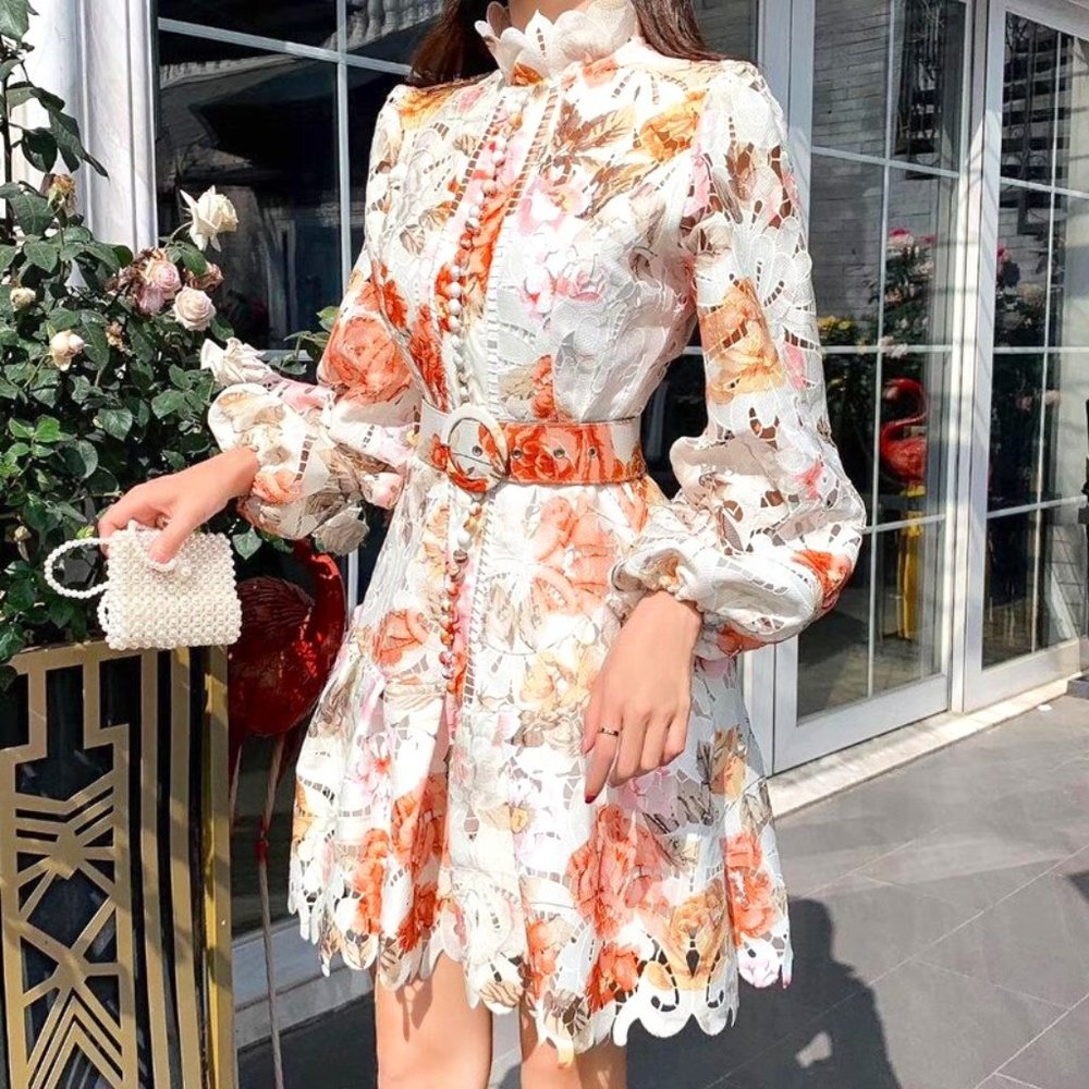 Floral Lace Vintage Designer Long Sleeve Mini A Line Fit & Flare Dress 10/12